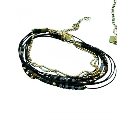 Bracelet 3 rangs perles Miyuki et cordon tissus noir et hématite