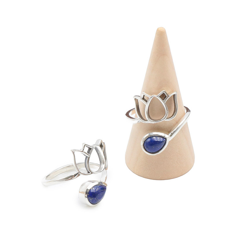 Bague Lapis Lazuli & Argent 925 - Lotus - taille réglable - Qualité AA