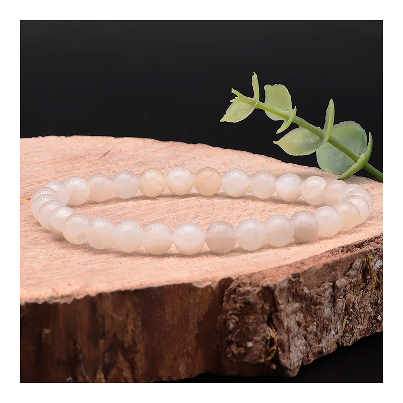 Bracelet Boule 06mm  Pierre de Lune Beige- 16/18cm - Qualité A