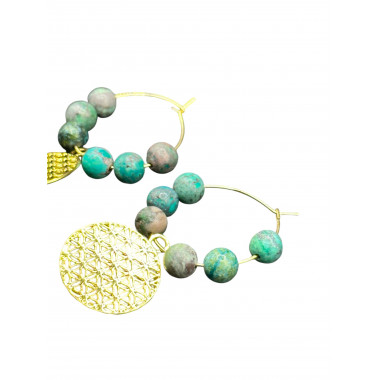 Boucles d'oreilles créoles en Turquoise Africaine et fleur de vie