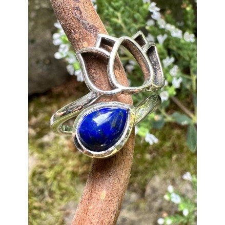 Bague argent et Lapis Lazuli fleur de Lotus- taille réglable