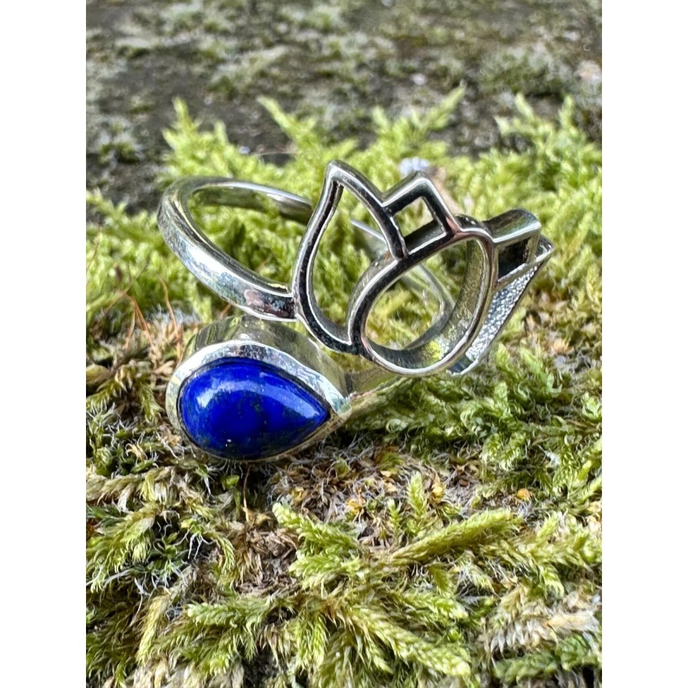 Bague argent et Lapis Lazuli fleur de Lotus- taille réglable
