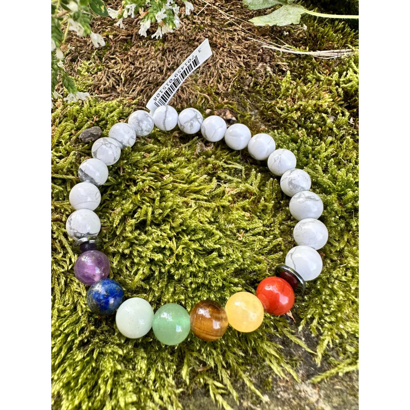 Bracelet boule 7 chakras + Howlite blanche- 8mm - Qualité A