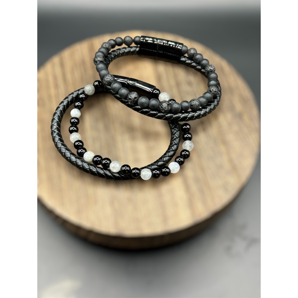 Bracelet homme cuir et pierres naturelles