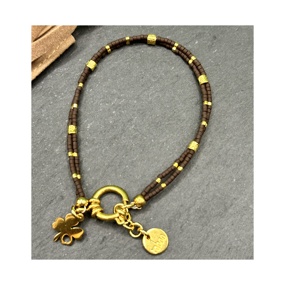 Bracelet perles de verre Miyuki, café et plaqué or 24ct
